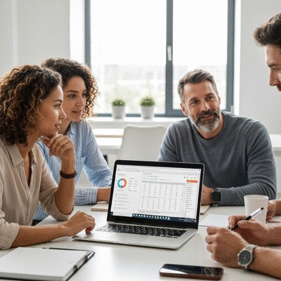 Team of people collaborating around a table with a laptop showing Google Sheets, bright modern office, no text, no words, no typography, 8K