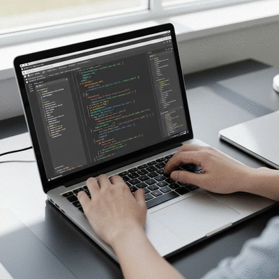 Close-up of hands typing on a laptop, code snippets with OpenAI API integration, clean modern workspace, no text, no words, no typography, 8K