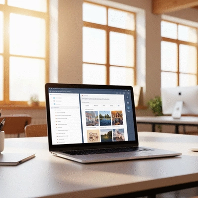 AI-powered content generation interface on a laptop, showing creative writing process, no text, no words, no typography, 8K