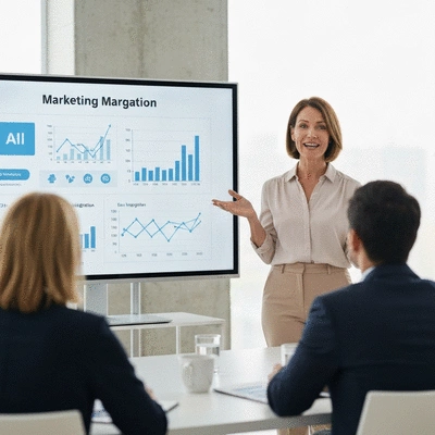 Professional woman presenting marketing data on a large screen to a small group in a modern meeting room, showing growth charts and AI integration icons, no text, no words, no typography, 8K