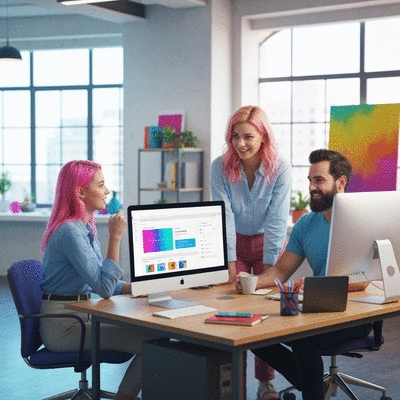 Digital agency team collaborating on content strategy with automation tools, bright modern office, no text, no words, no typography, 8K