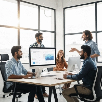 Digital agency team collaborating efficiently using workflow automation tools on a large screen, clean image