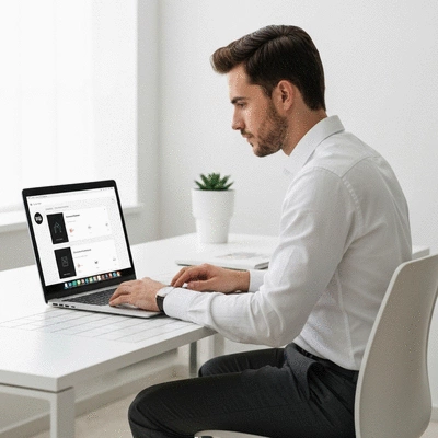 Person working on a laptop with n8n interface visible, showing a streamlined workflow, clean image