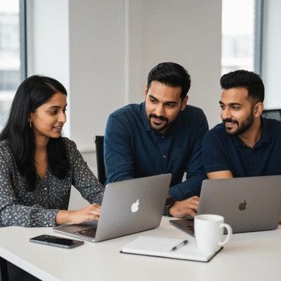 Digital agency team collaborating on client onboarding automation workflow, clean desk, modern office