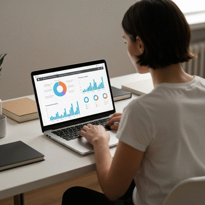 Person using a laptop with charts and graphs on screen, representing data insights and personalization