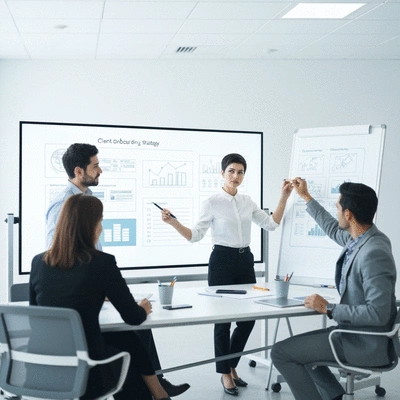 Professional agency team collaborating on a client onboarding strategy, using a whiteboard and digital tools in a modern office