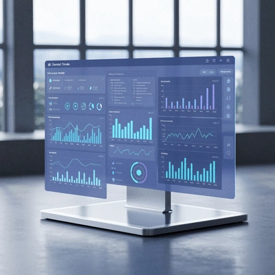 Futuristic AI interface projecting content trends and analytics, no text, no words, no typography, 8K