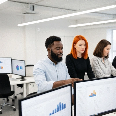 Professional digital agency team collaborating efficiently using a modern workflow system interface on multiple screens, clean office environment, no text, no words, no typography, no labels, clean image