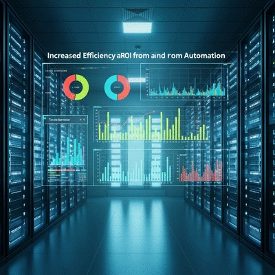 Data visualization showing increased efficiency and ROI from automation, with graphs and charts on a digital interface