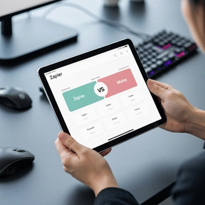 Two hands holding a tablet displaying a comparison chart between Zapier and Make