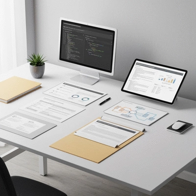 Professional looking templates and resources for automation projects, neatly organized on a desk, clean background, high resolution