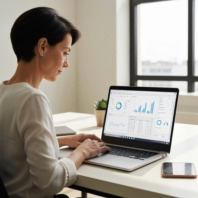 Professional using Google Sheets for data analysis on a modern laptop, with charts and graphs visible, clean office background, no text, no words, no typography, 8K