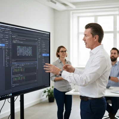Professional demonstrating n8n workflow on a large screen with a team collaborating in the background, clean image