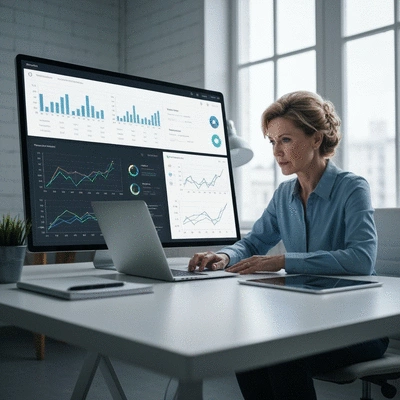 Digital agency professional analyzing data on a dashboard, showcasing strategic automation, clean image