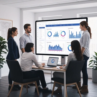 Digital agency team collaborating on a dashboard with charts and graphs, representing enhanced efficiency through automation