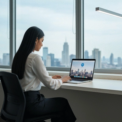 Professional using a laptop to evaluate a reporting tool's free trial, showcasing usability and integration