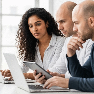 Close-up of a diverse team collaborating on a digital marketing strategy, using laptops and tablets in a modern office environment