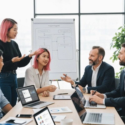 Diverse group of digital marketing professionals discussing project progress in a modern, well-lit office, using a whiteboard and digital tools, no text, no words, no typography, no labels, clean image
