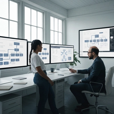 Digital agency team collaborating on a systems-led growth strategy, showing flowcharts and automation tools on screens