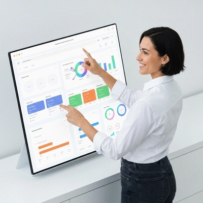 Person interacting with a clean, modern dashboard showing automation workflows