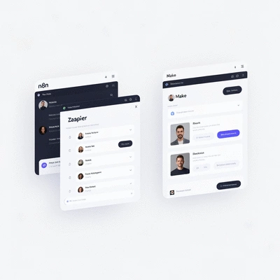 Three distinct software interfaces side-by-side, visually representing n8n, Zapier, and Make, with clear, modern UI elements, clean background, no text, no words, no typography, 8K