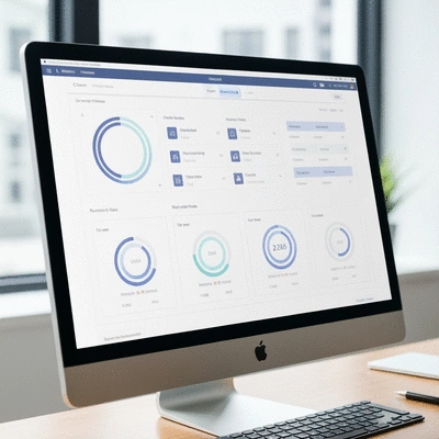 CRM dashboard showing client data and automated workflow status, professional setting