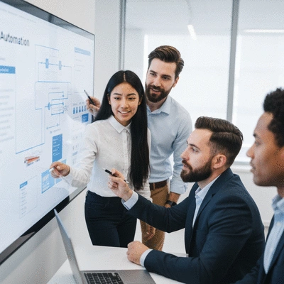 Team collaborating on automation workflow on a large digital screen