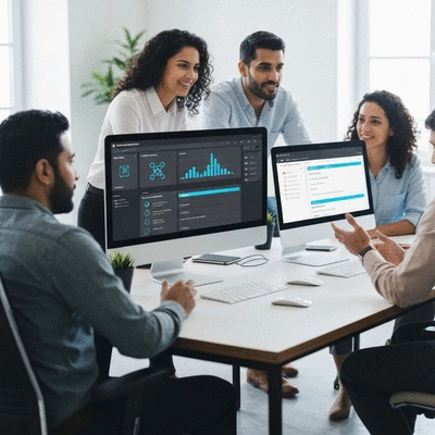 Digital agency team collaborating efficiently with automation tools on multiple screens, clean modern office, no text, no words, no typography, 8K