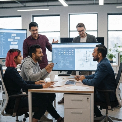 Modern agency office with team collaborating on automation workflows