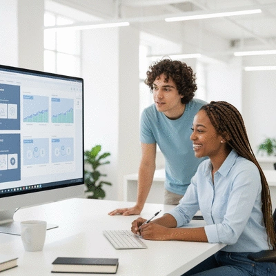 Digital agency team collaborating on a multi-step automation workflow on a large screen, clean modern office, natural lighting, high resolution