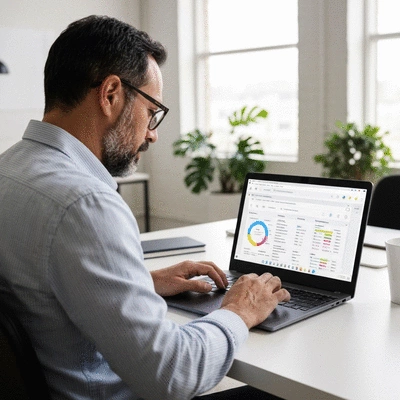Person working on a laptop with Google Sheets open, showing automated data and charts, clean office environment, no text, no words, no typography, 8K